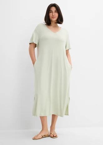 Jersey jurk in een viscosemix, Kleur: kiezelgroen