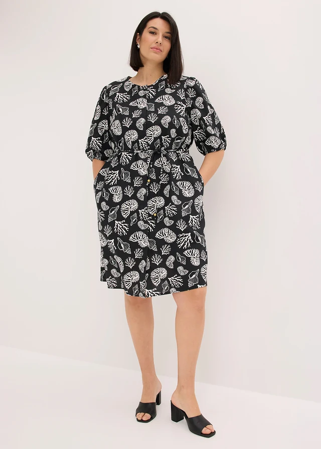 Robe en lin mélangé, Couleur: noir/écru imprimé