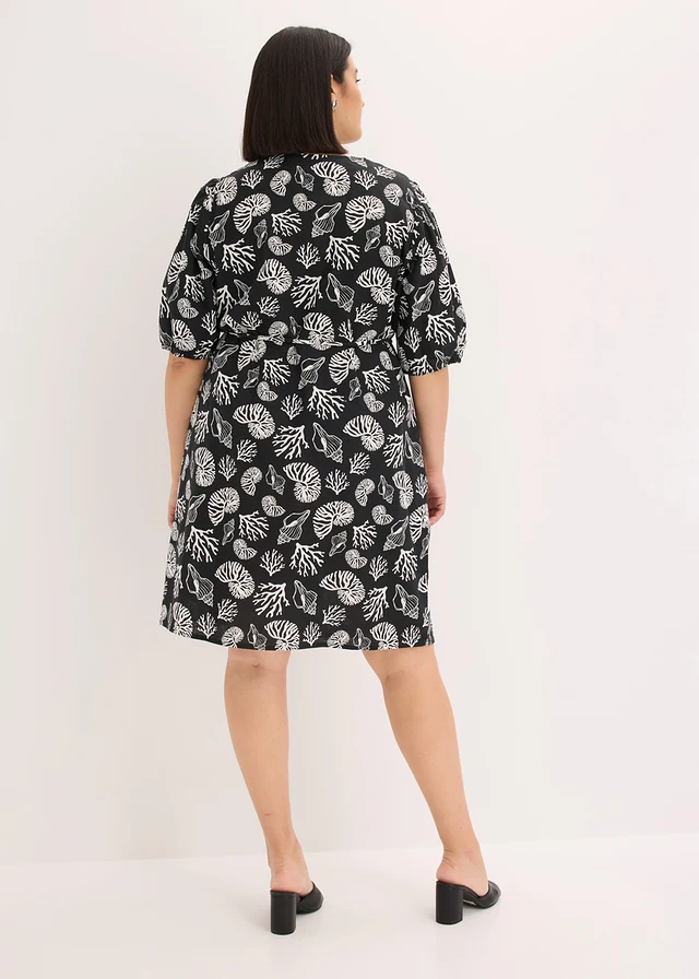 Blousejurk met linnen, Kleur: zwart-wolwit met print