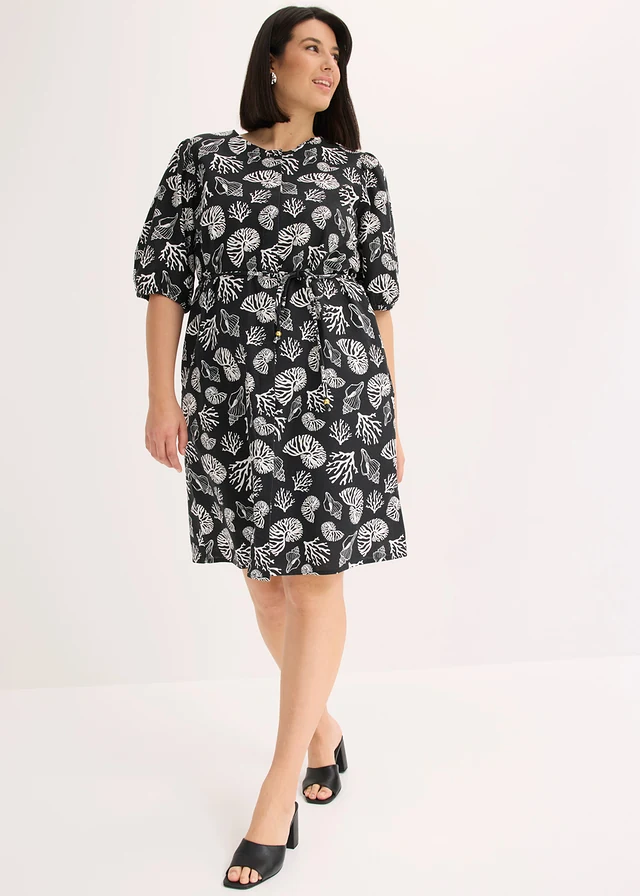 Robe en lin mélangé, Couleur: noir/écru imprimé