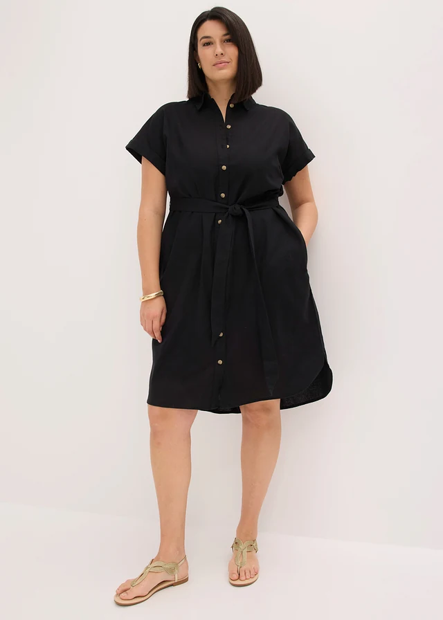 Robe chemise en lin mélangé avec ceinture à nouer, Couleur: noir