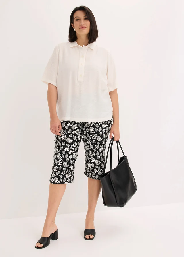 Pantalon corsaire en coton extensible, Couleur: noir/écru imprimé
