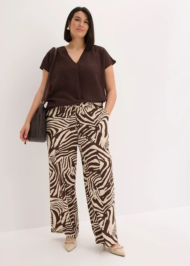 Viscose broek met elastische tailleband, Kleur: bruin-lichtsand zebraprint