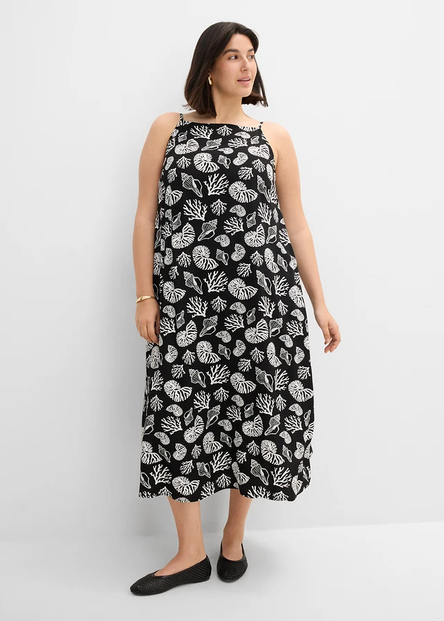 Robe midi entièrement imprimée en viscose mélangée, Couleur: noir/écru imprimé