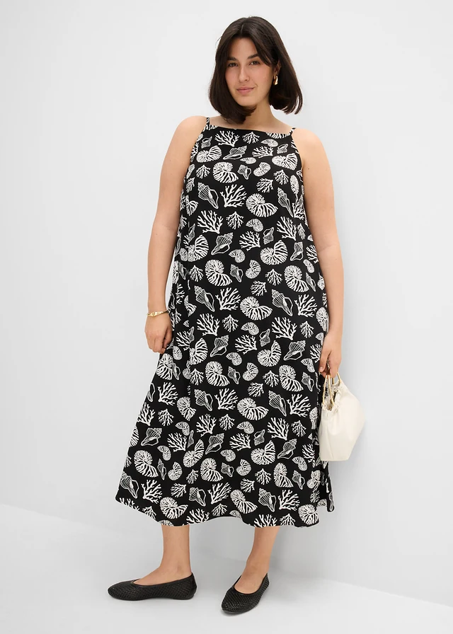 Robe midi entièrement imprimée en viscose mélangée, Couleur: noir/écru imprimé