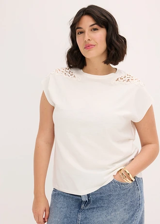 T-shirt 100% coton avec dentelle, Couleur: écru