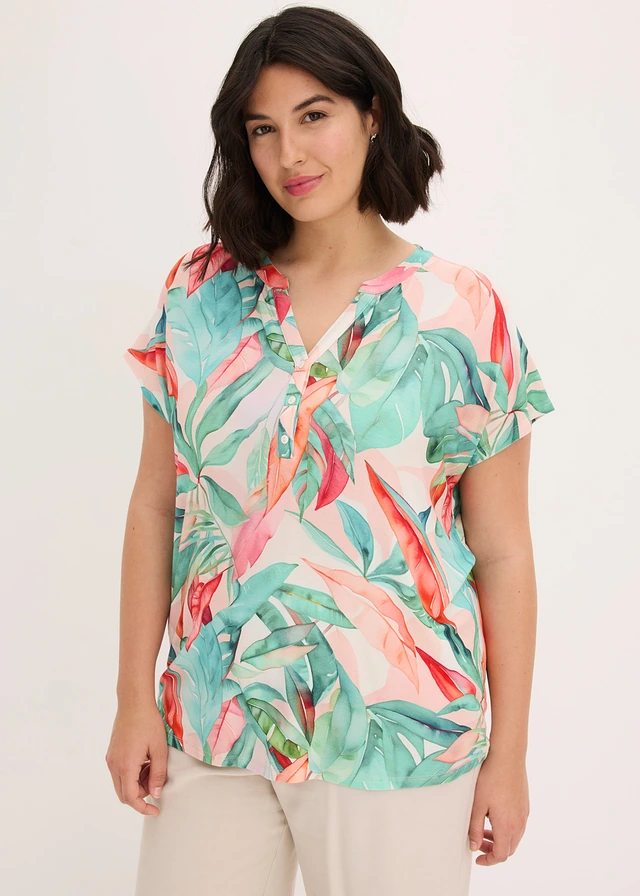 Shirt in een zachte viscosemix, Kleur: groen-rood gebloemd