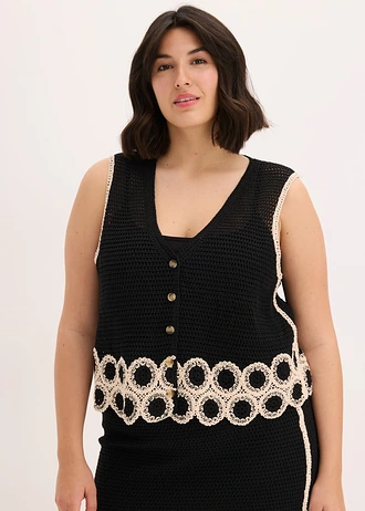 Top boutonné en maille 100% coton, Couleur: noir