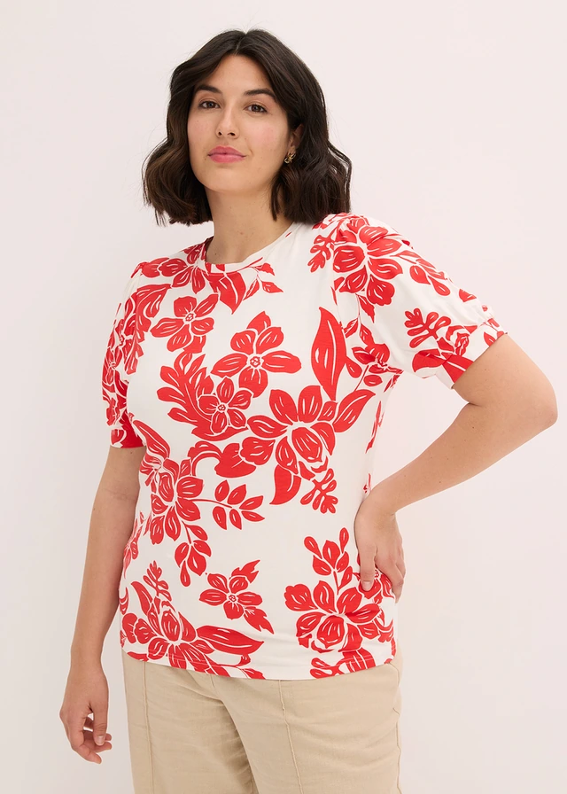Shirt in een zachte viscosemix, Kleur: wit - rood gebloemd