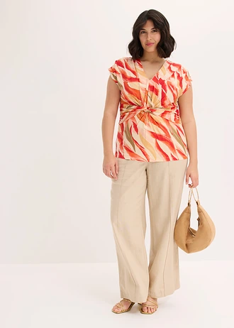 T-shirt drapé en viscose extensible douce, Couleur: crème-corail imprimé