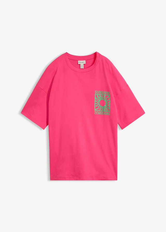 T-shirt oversize z czystej bawełny organicznej, kolor: różowy pinklady-zielony opal z nadrukiem