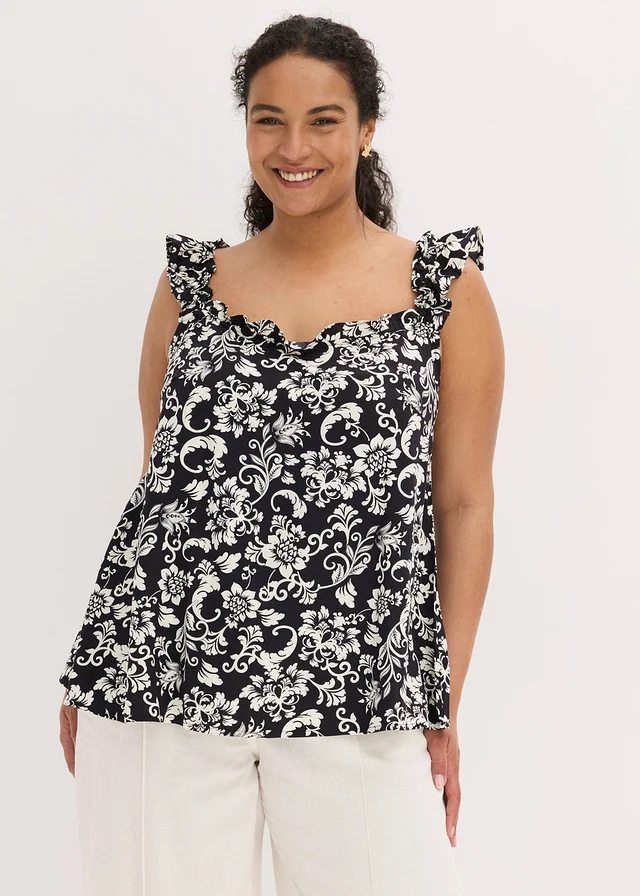 Blousetop van soepele viscose, Kleur: zwart/wolwit gebloemd