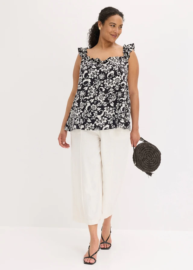 Top-blouse en viscose fluide, Couleur: noir/écru floral