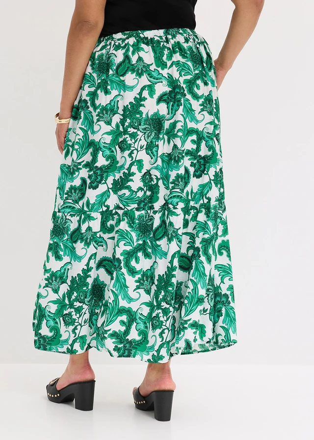 Jupe longue et fluide, Couleur: vert aventurine-écru floral