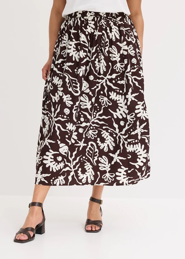 Midi rok van een soepele viscosemix, Kleur: donkerbruin-wolwit met print