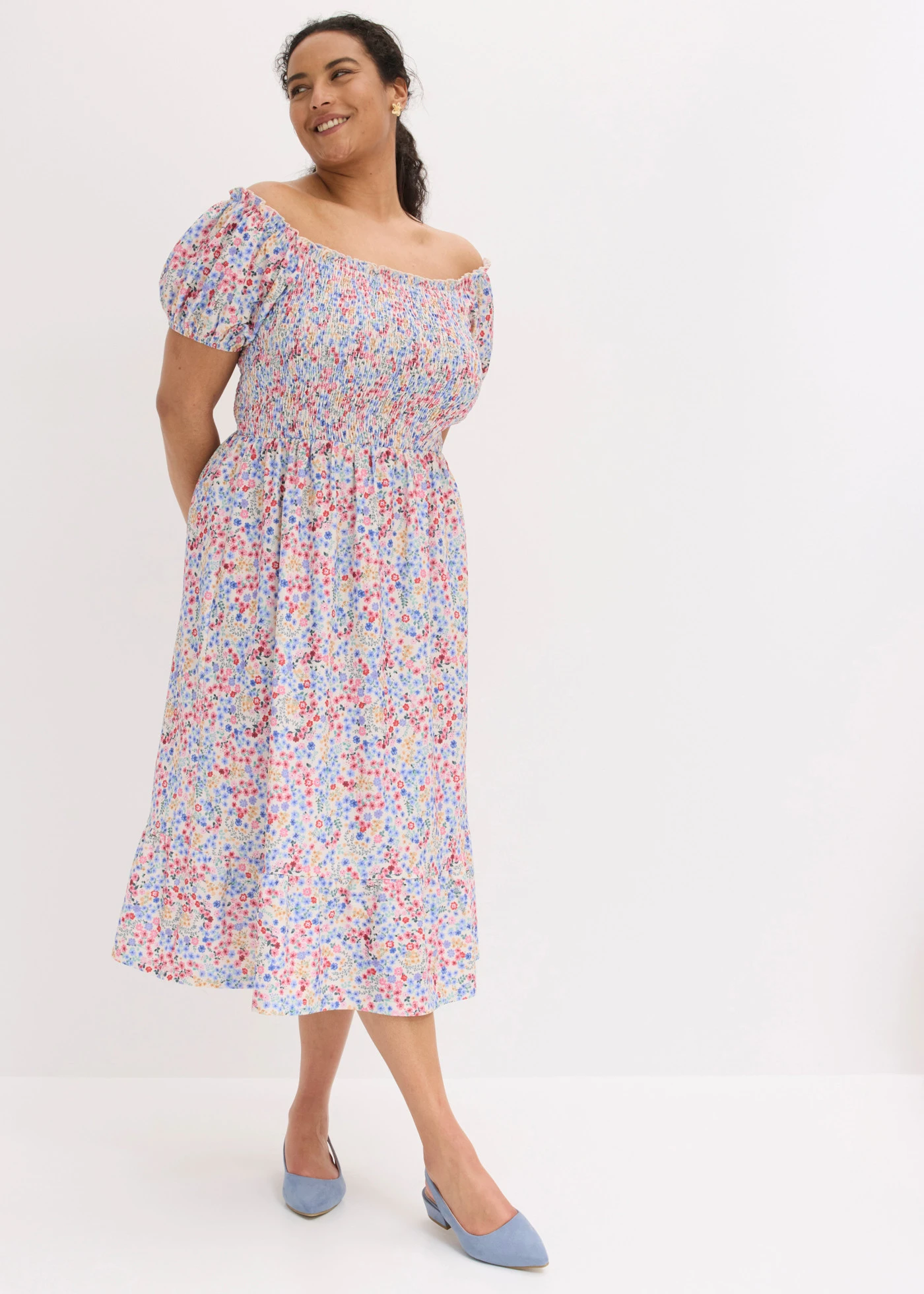 Jersey jurk met pofmouwen • wolwit-multicolor gebloemd plus size • product-page.page-title-suffix