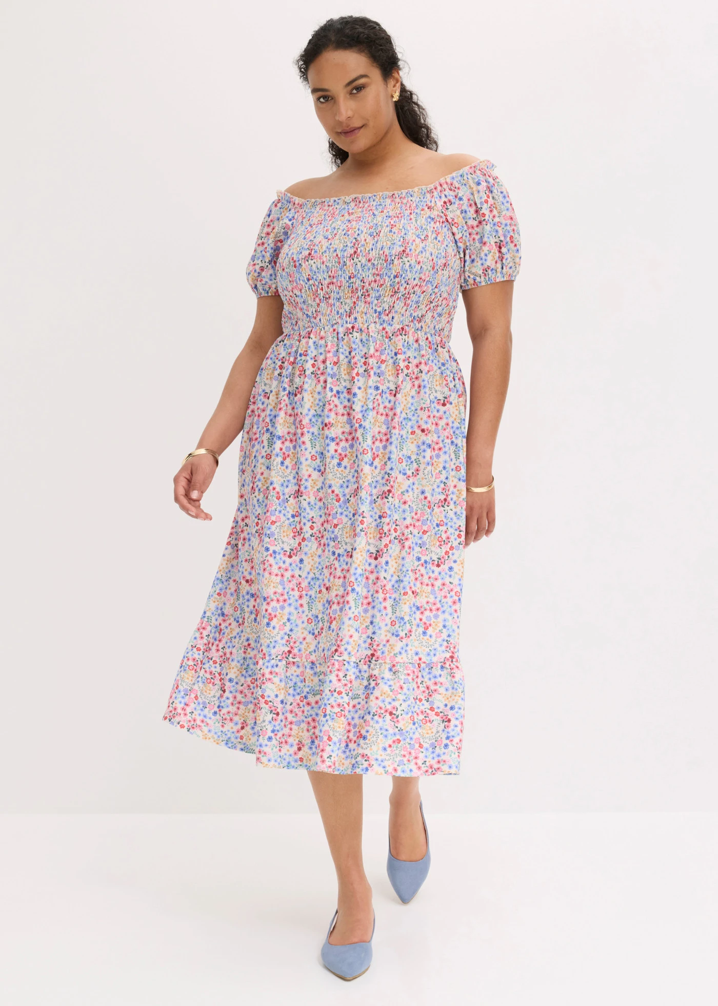 Jersey jurk met pofmouwen • wolwit-multicolor gebloemd plus size • product-page.page-title-suffix