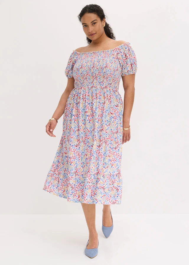 Jersey jurk met pofmouwen • wolwit-multicolor gebloemd plus size • product-page.page-title-suffix