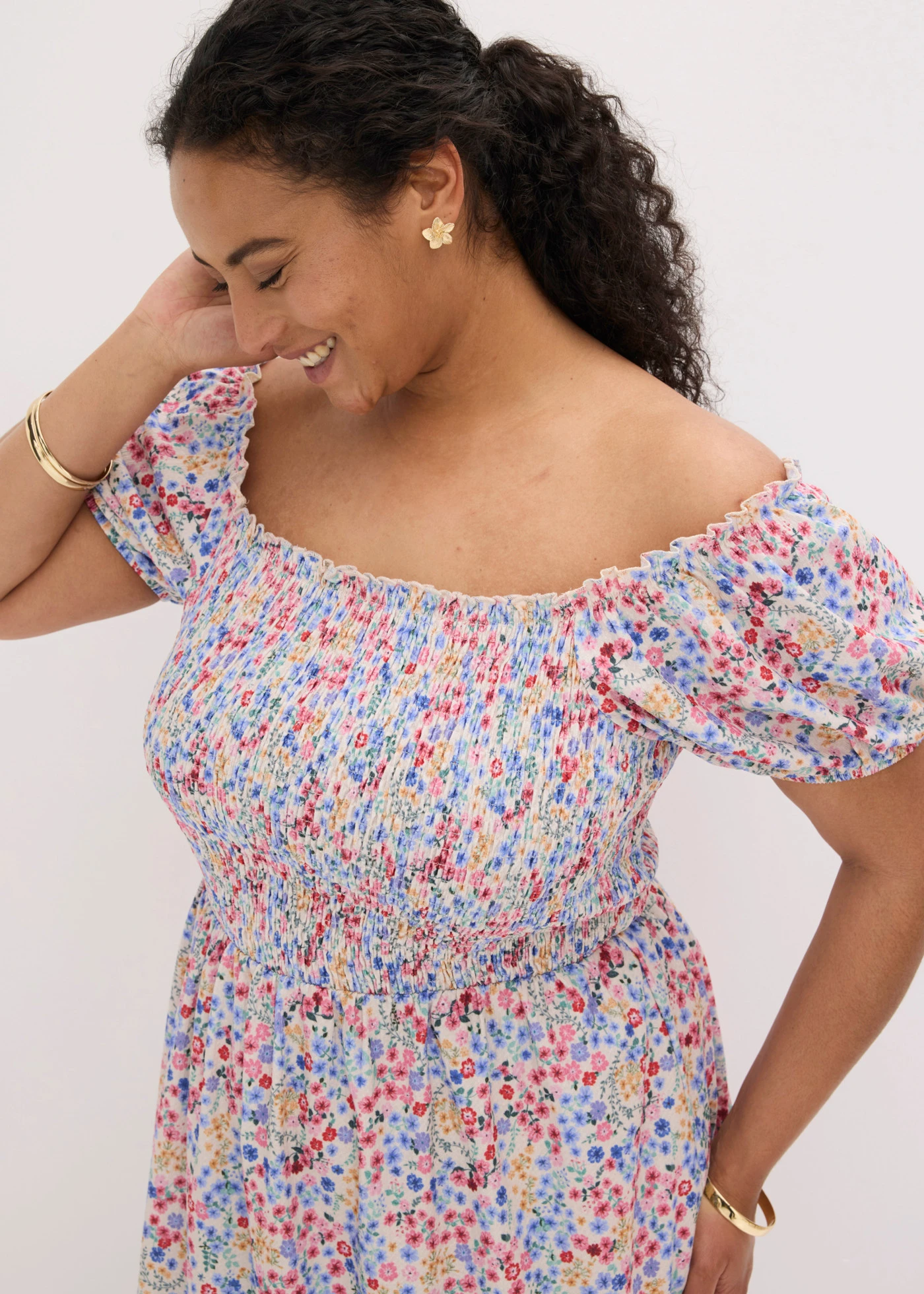 Jersey jurk met pofmouwen • wolwit-multicolor gebloemd plus size • product-page.page-title-suffix