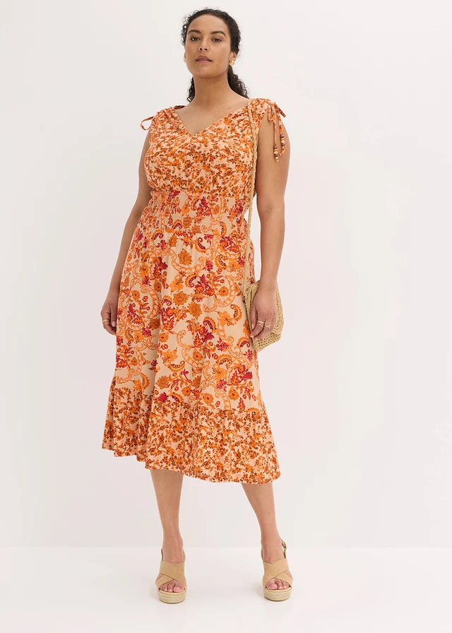 Jersey jurk van soepele viscose, Kleur: beige-oranje paisley gebloemd