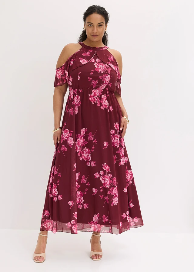 Maxi jurk van mesh, Kleur: esdoornrood gebloemd