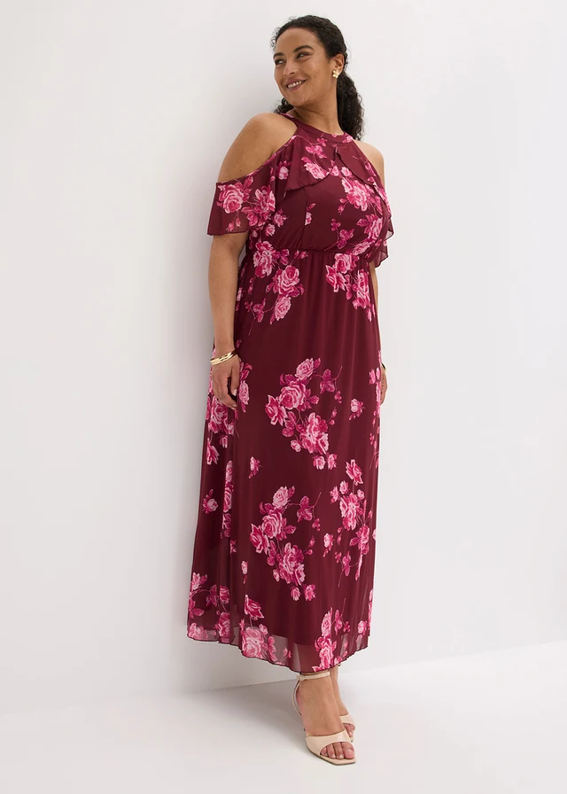 Maxi jurk van mesh, Kleur: esdoornrood gebloemd