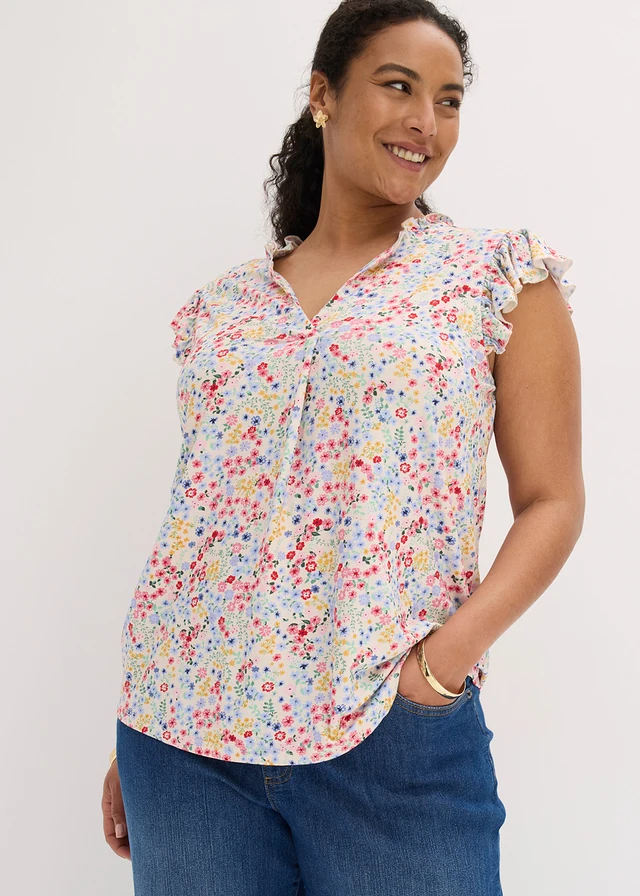 T-shirt van een zachte viscosemix, Kleur: wolwit-meerkleurig gebloemd