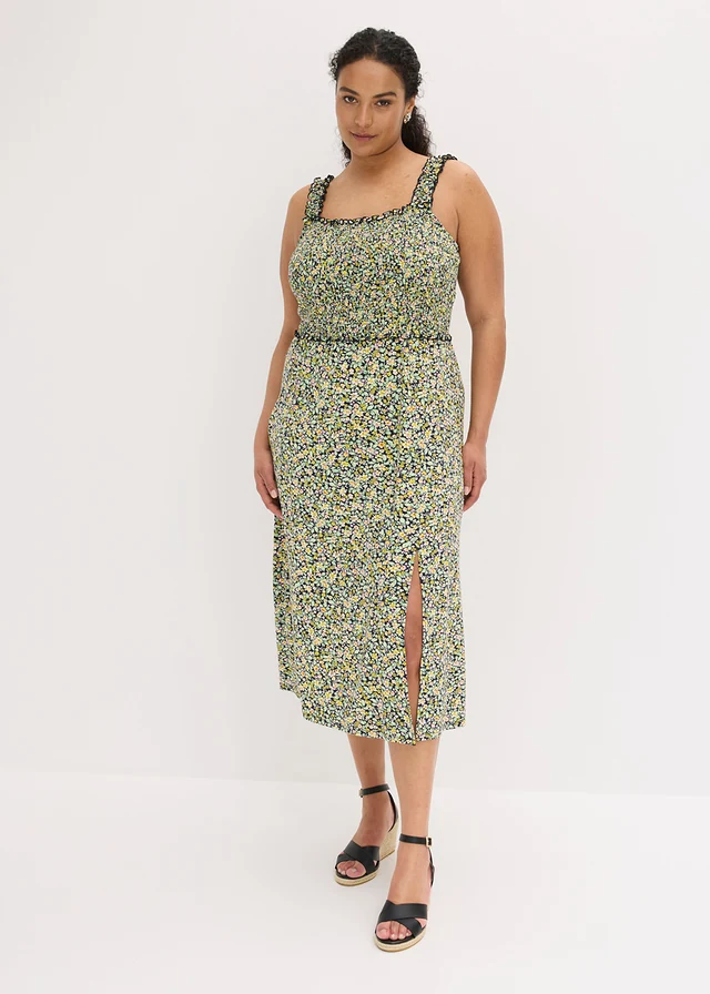 Jersey jurk van soepele viscose, Kleur: donkerblauw-geel gebloemd