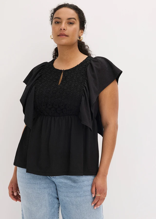 Blouse en crêpe texturé, Couleur: noir