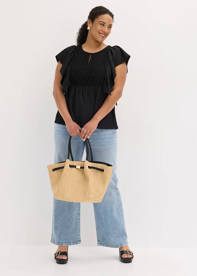 Blouse en crêpe texturé, Couleur: noir