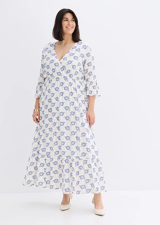 Robe longue en viscose texturée à effet brillant, Couleur: blanc-bleu paisley