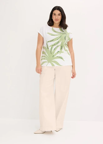 T-shirt avec sequins, Couleur: blanc-vert pâle-olive imprimé