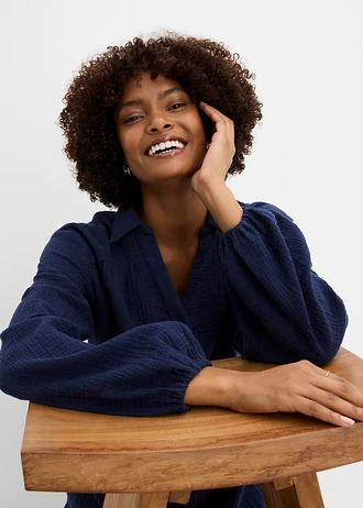 Korte strokenjurk van mousseline • donkerblauw • bonprix online shop