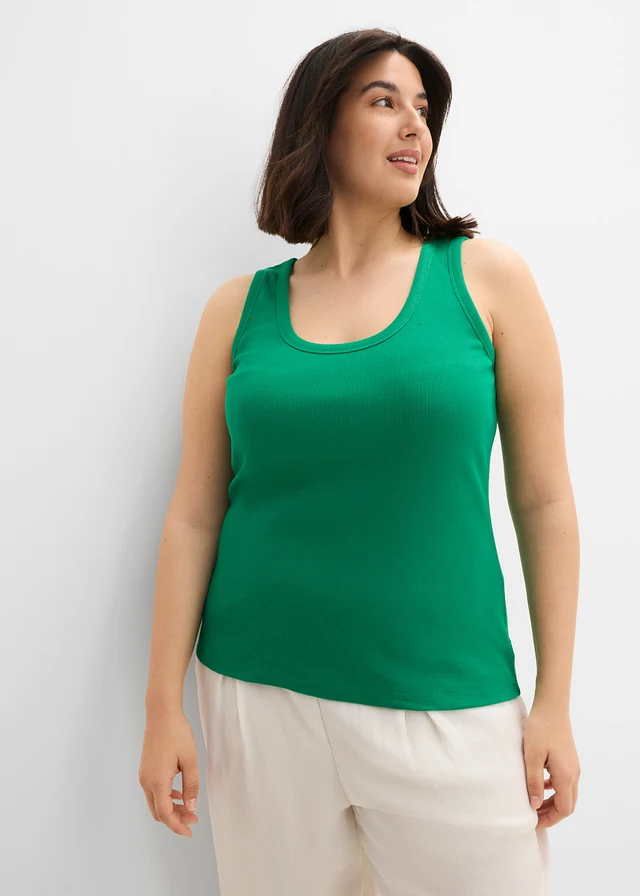 Geribde tanktop met biologisch katoen (set van 2), Kleur: edelsteengroen/zwart