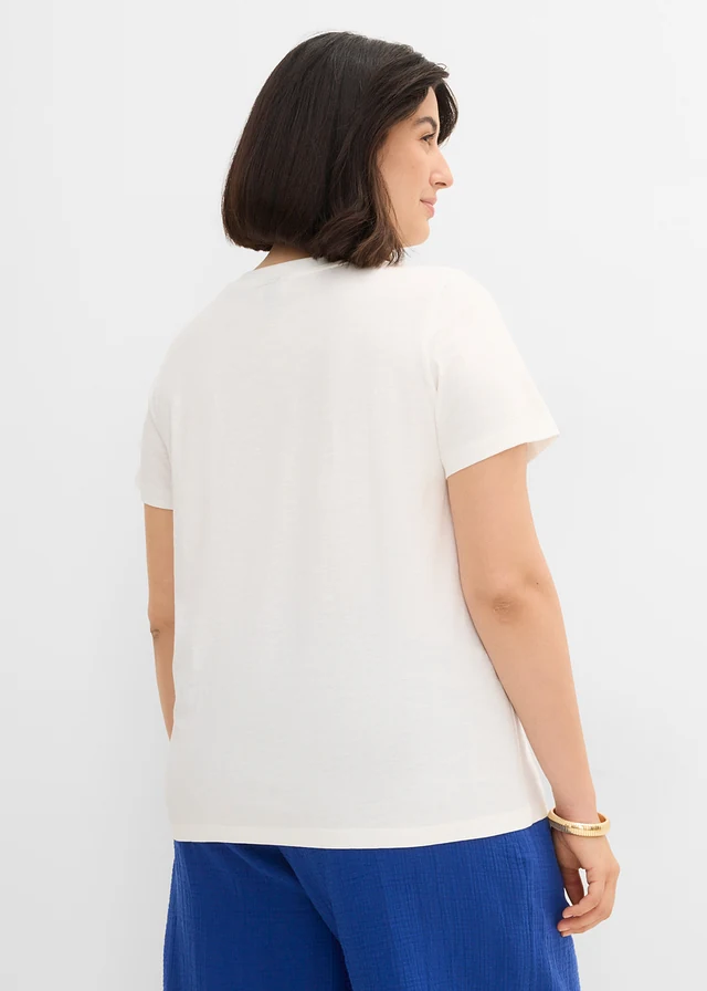T-shirt van biologisch katoen, Kleur: wolwit-kobaltblauw-lichtpaars grafische print