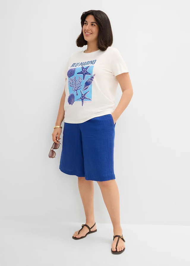 T-shirt 100% coton, Couleur: écru-bleu cobalt-mauve graphique