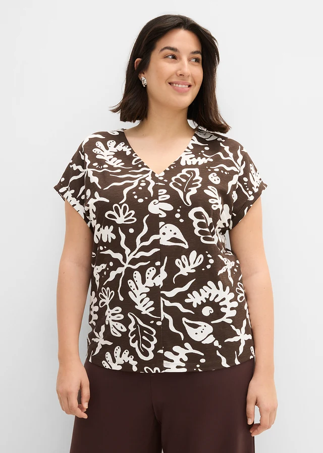 T-shirt van biologisch katoen, Kleur: donkerbruin-wolwit met print