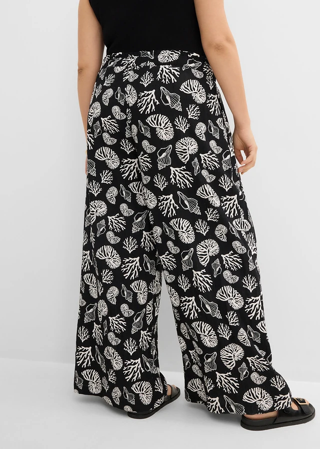 Pantalon large à pinces en viscose mélangée, Couleur: noir/écru imprimé