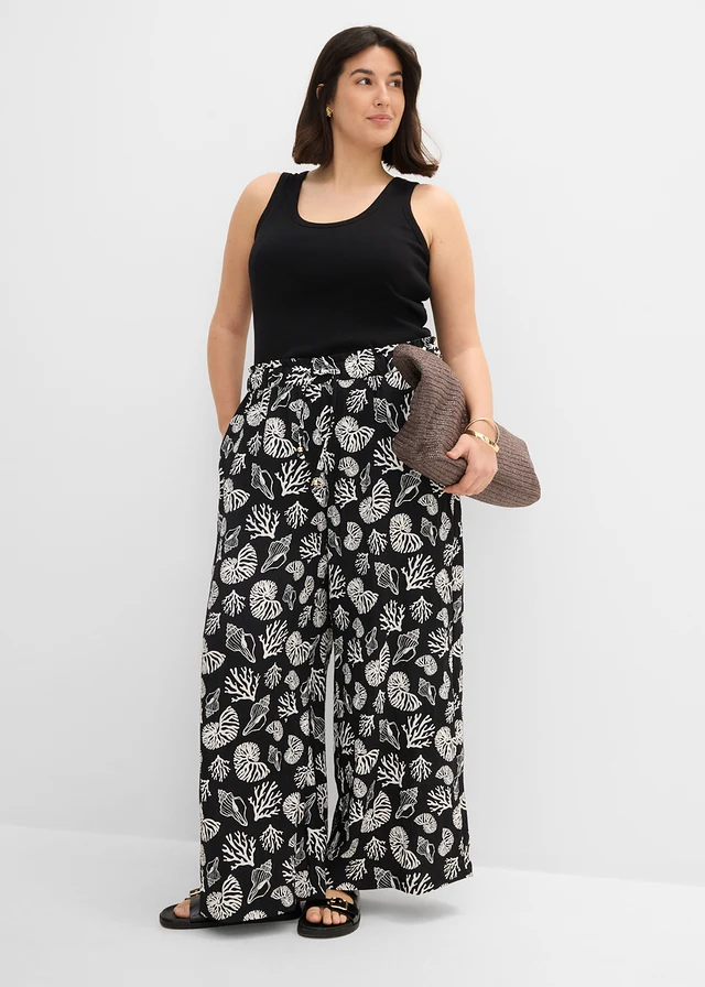 Pantalon large à pinces en viscose mélangée, Couleur: noir/écru imprimé