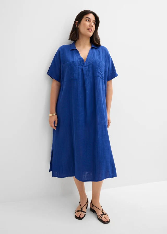 Robe caftan en gaze de coton douce, Couleur: bleu cobalt