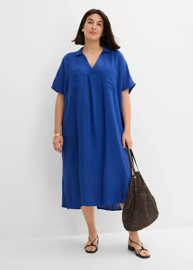 Robe caftan en gaze de coton douce, Couleur: bleu cobalt