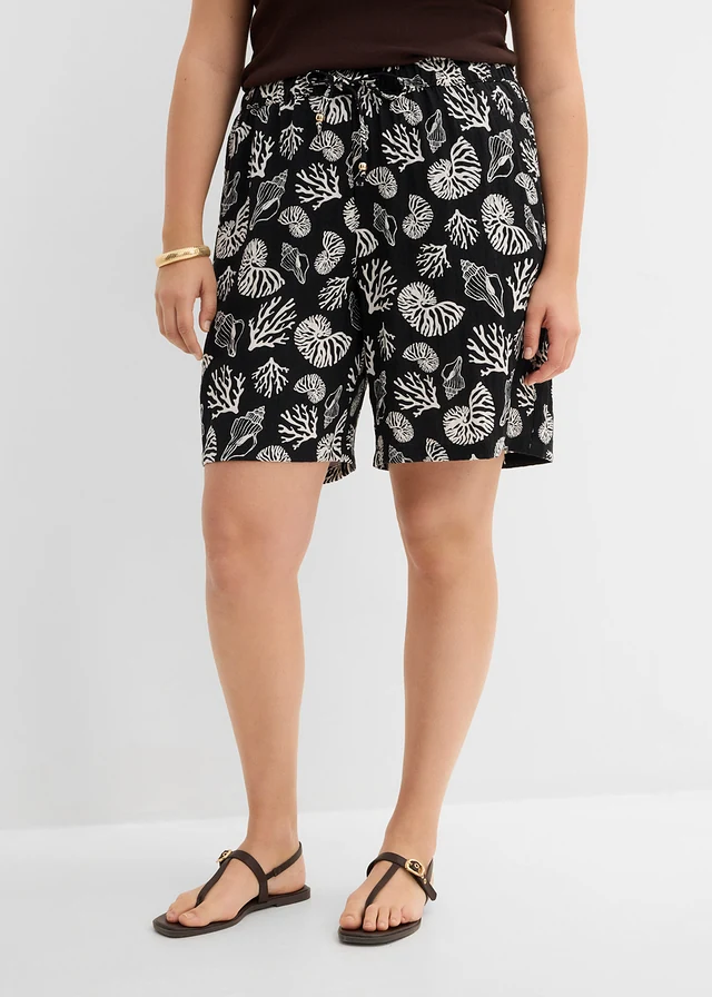 Short en viscose mélangée à taille élastiquée, Couleur: noir/écru imprimé