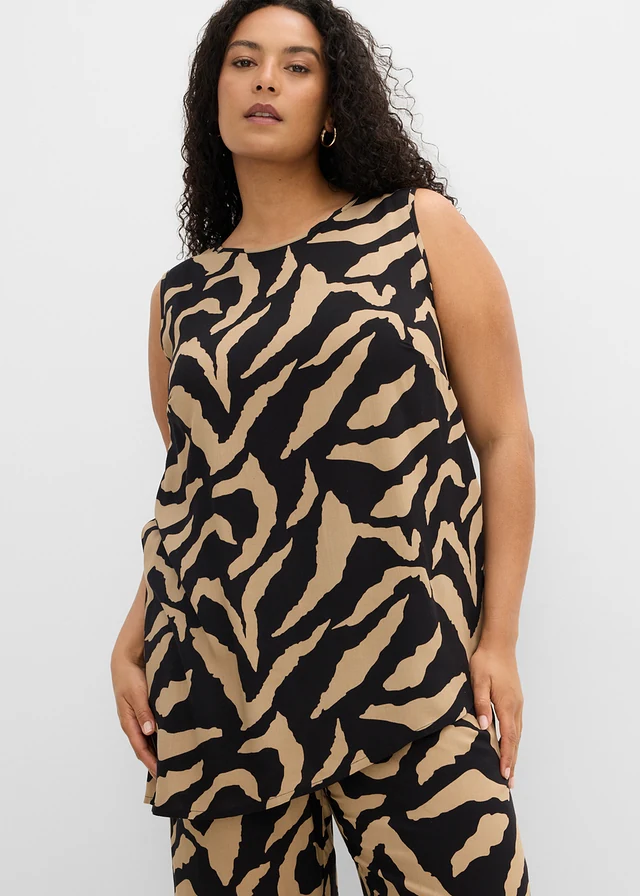 Top sans manches en matière douce, Couleur: noir-camel mat