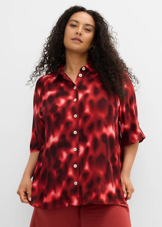 Oversized blouse van gestructureerde viscose, Kleur: ivoorkleur-esdoornrood-mat koraal-donkerbruin met print