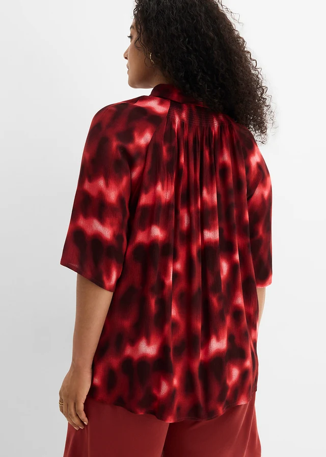 Oversized blouse van gestructureerde viscose, Kleur: ivoorkleur-esdoornrood-mat koraal-donkerbruin met print