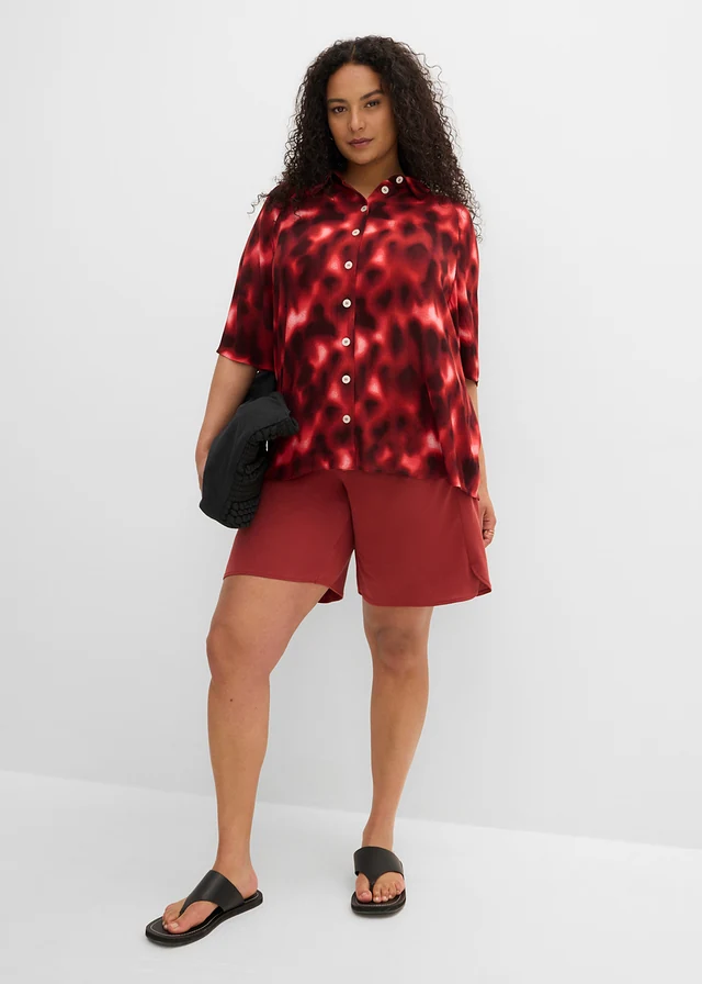 Oversized blouse van gestructureerde viscose, Kleur: ivoorkleur-esdoornrood-mat koraal-donkerbruin met print
