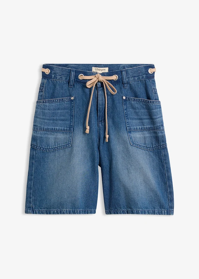 Bermudy jeansowe, mid waist, ze sznurkiem • niebieski denim "used" • sklep bonprix