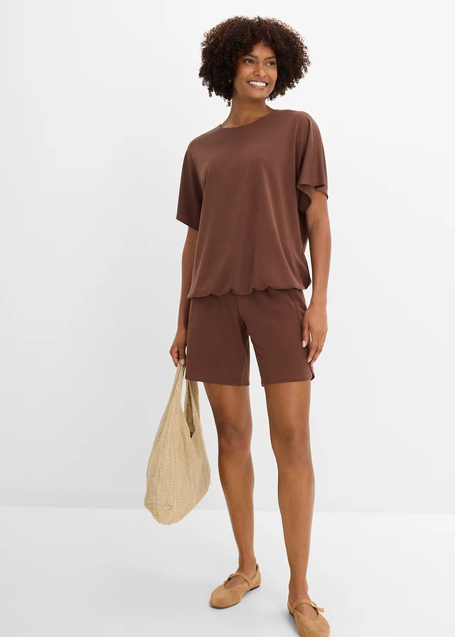 Oversized shirt in een viscosemix, Kleur: bruin