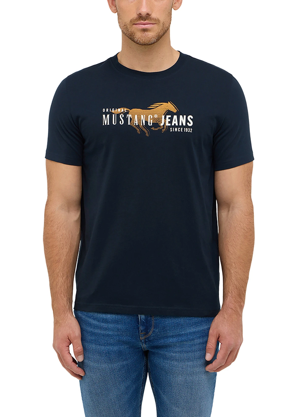 T-shirt Mustang Alex z czystej bawełny organicznej • ciemnoniebieski z nadrukiem • sklep bonprix