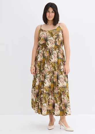 Maxi jurk van soepele viscose, Kleur: natuurgroen gedessineerd